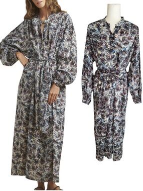 LN Diega Risia Blue Floral Leaf Print Belted Tie Waist Oversized Maxi Dress - S+